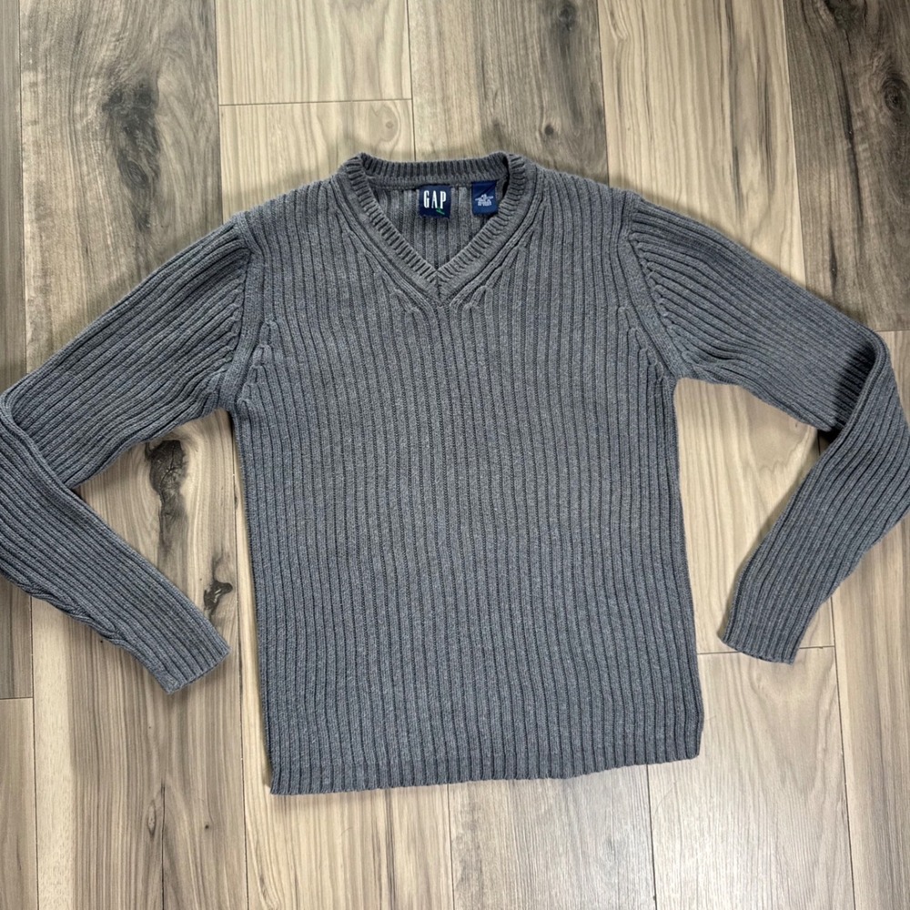 Gap Womens Gray Ribbed V-Neck Cotton Knit Long Sleeve Sweater XS
